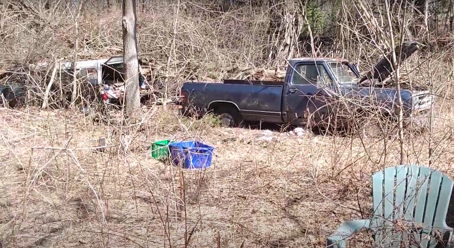 abandoned house in the woods has a yard full of old cars and trucks 6
