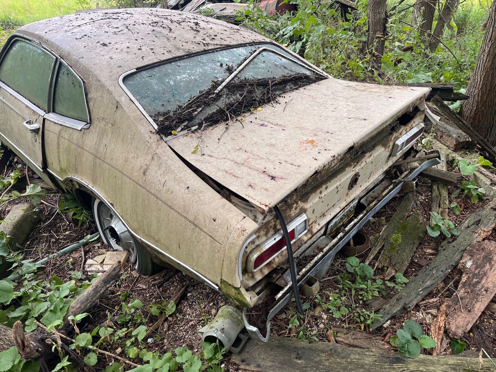 this 1973 ford was forgotten in a barn that fell apart now abandoned in the woods 5